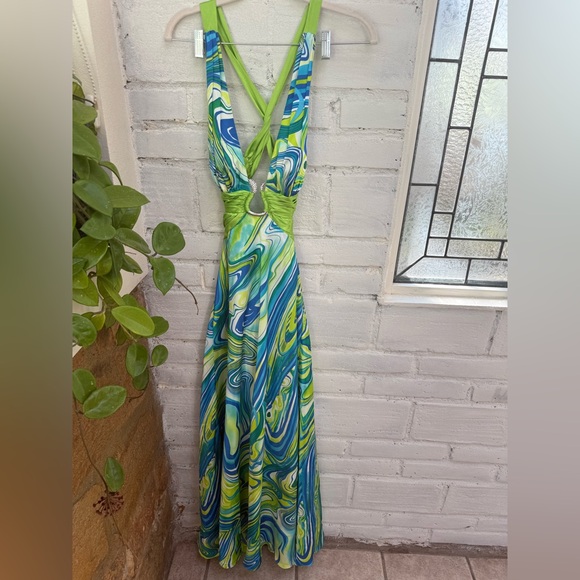 Morgan & Co. Y2K Green and Blue Swirl Backless Dress with rhinestone snakes - Picture 1 of 7